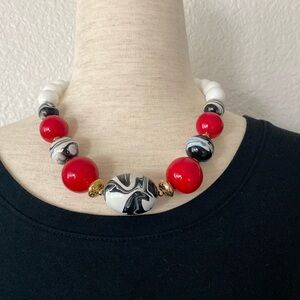 Vintage 18" Bead Necklace - Red, Black, White